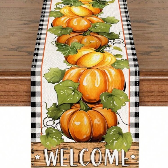 NWT Buffalo Check Border- WELCOME- Stacked Pumpkin 🍁 Fall Table Runner 72x13 - Picture 2 of 6